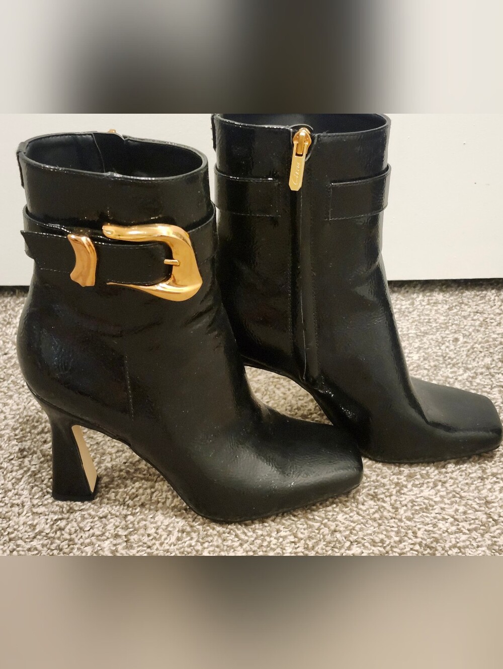 Circus NY Black Patent Ankle Boots with Gold Buckle